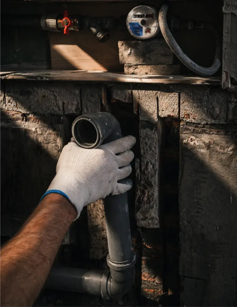 Installation de canalisations sanitaires par un technicien.