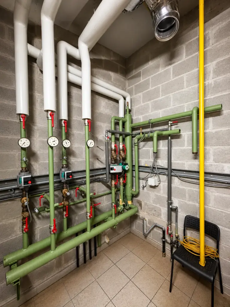 Local technique avec installation de chauffage et réseau hydraulique.