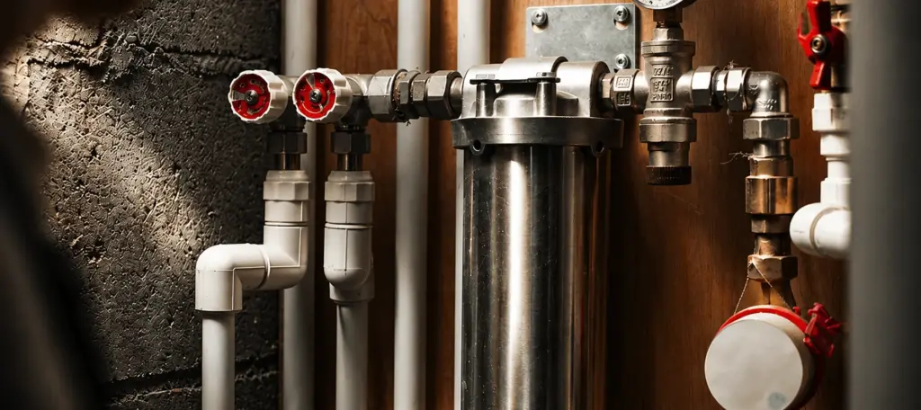 Système de filtre à eau en acier inoxydable et installation de tuyauterie PVC CVC.